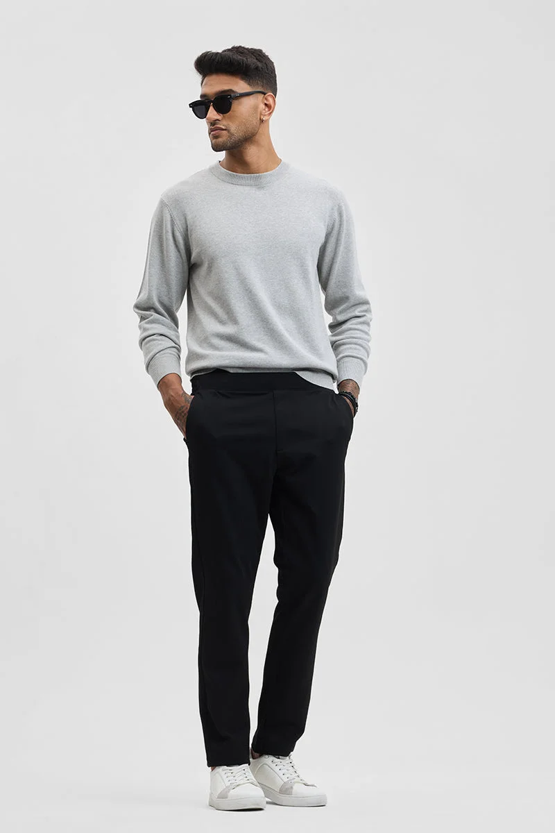 سنيتش Black Textured Regular Fit Stretch Trouser